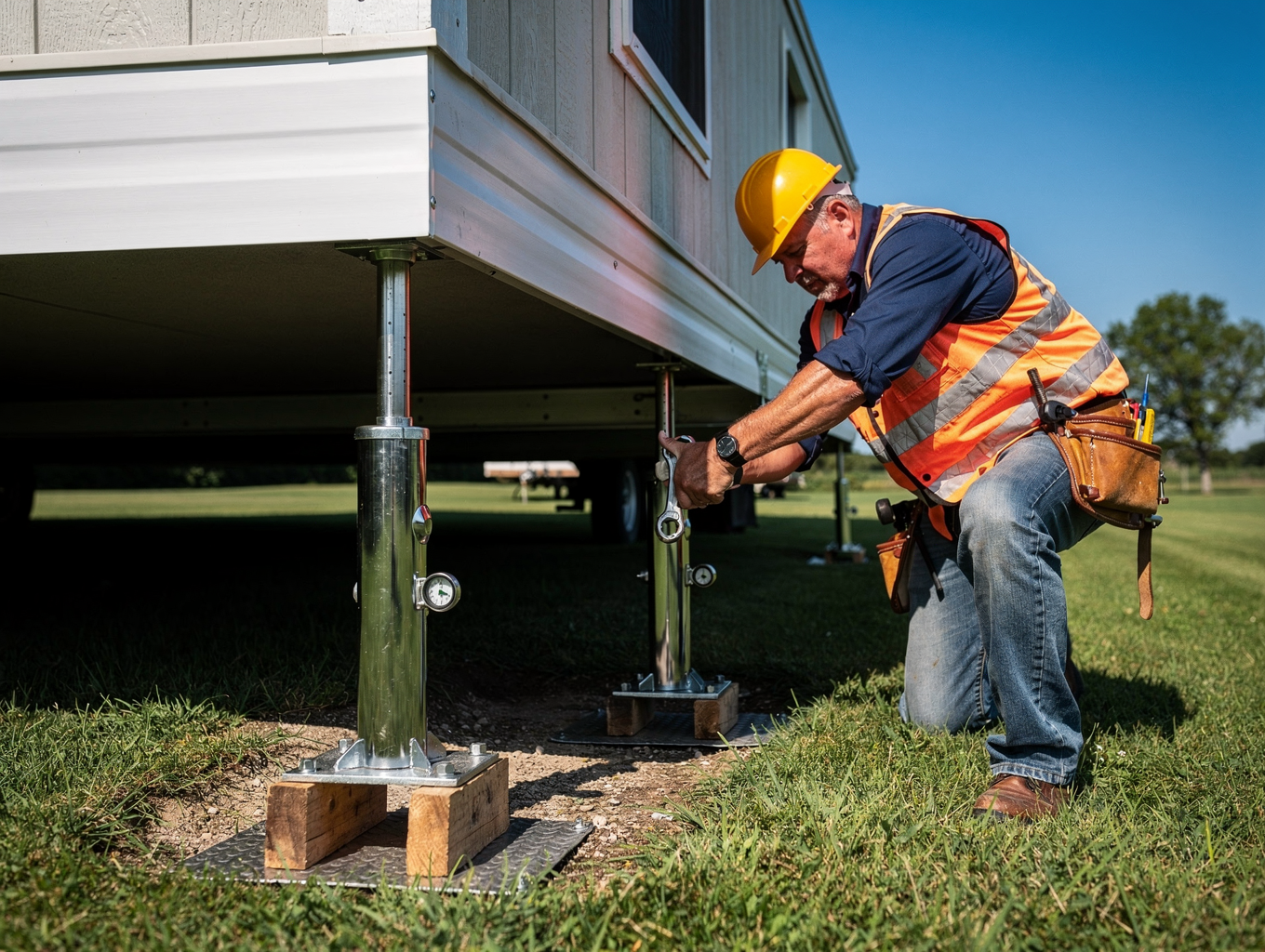 Professional mobile home leveling in Summerville, SC using hydraulic jacks and laser-guided systems to correct settling and restore level floors